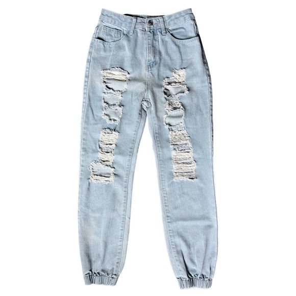 Women's High Waisted Light Wash Distressed Jogger Jeans XS 25" W x 27", 11" Rise - Picture 10 of 11